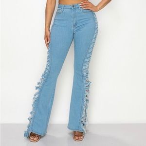 High rise side distressed flare bottom jeans
